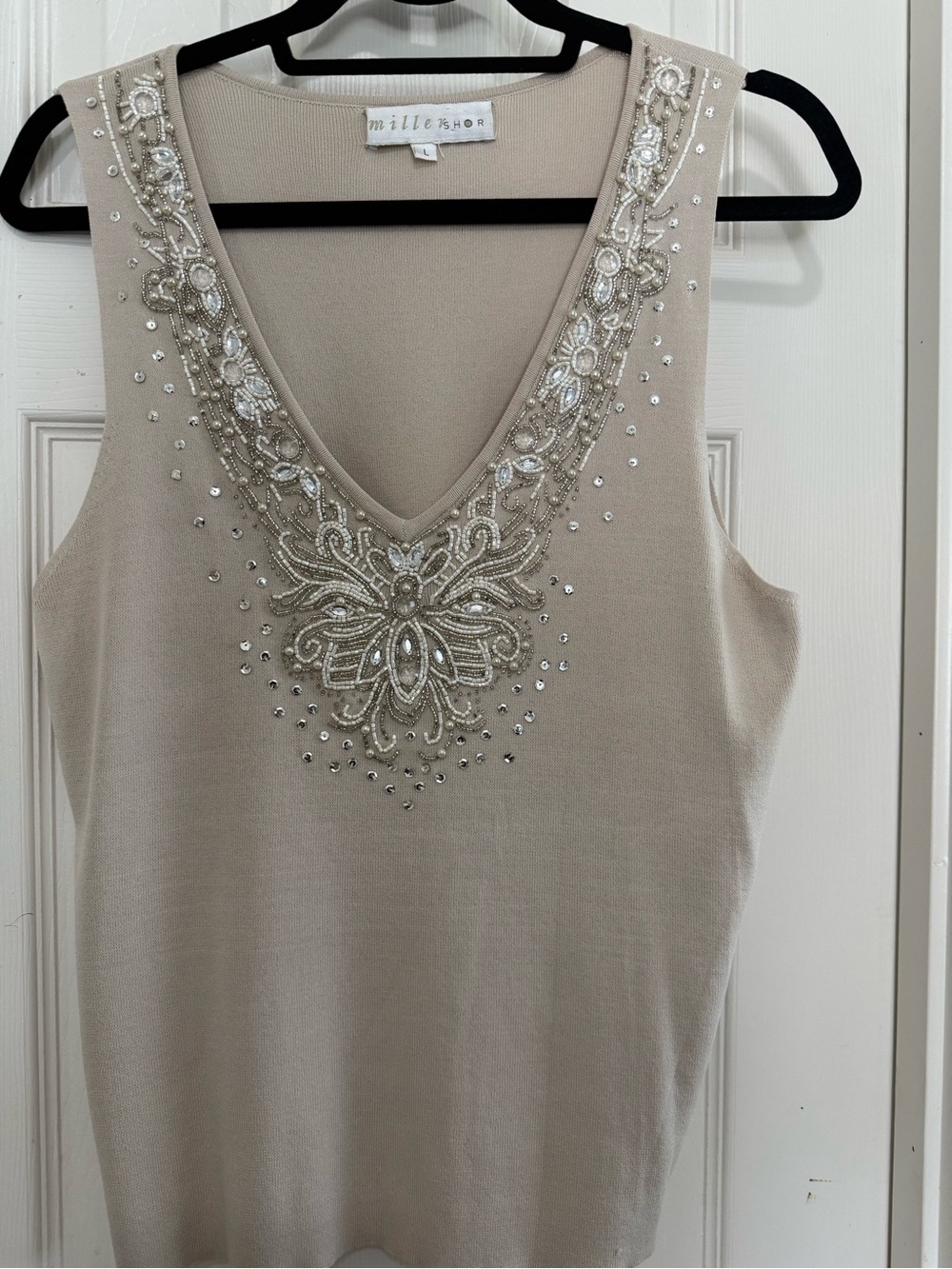 Beaded V-Neck Sleeveless Top — Taupe